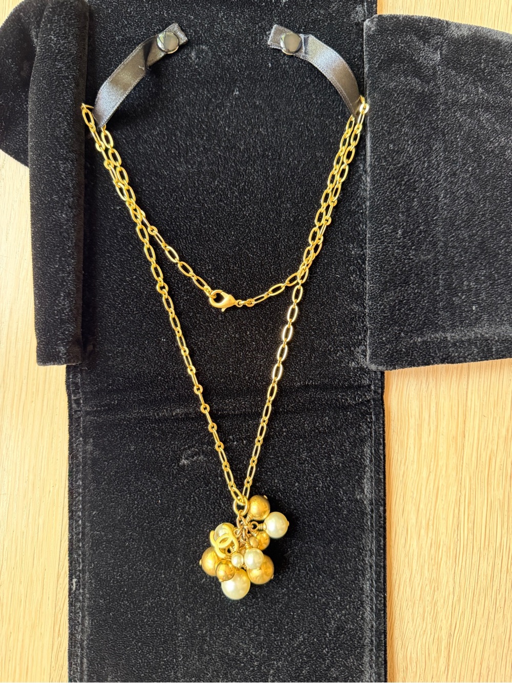 CHANEL 2007 Autumn Faux Pearl Gold Cluster CC Logo Pendant Necklace